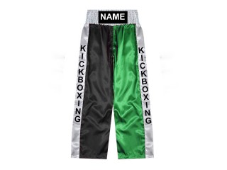 Custom made kickboxing pants, long kickboxing pants, embroidered name: KNPANTS-001-Black-Green