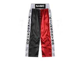 Custom made kickboxing pants, long kickboxing pants, embroidered name: KNPANTS-001-Black-Red