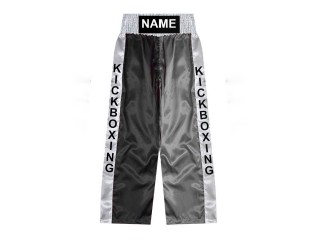 Custom made kickboxing pants, long kickboxing pants, embroidered name: KNPANTS-001-Black-Silver