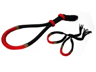 Muay Thai Head band + Armbands : Thai Style Black/Red 