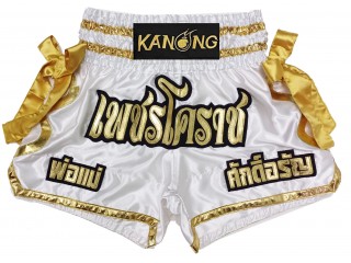 Custom White and Gold Muay Thai Shorts with ribbons : KNSCUST-1219