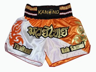 Custom White and Orange Muay Thai Shorts : KNSCUST-1237