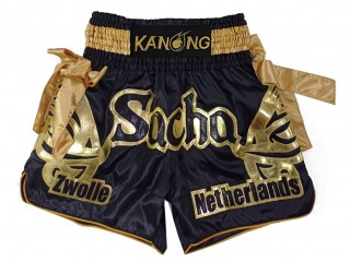 Custom Black and Gold Muay Thai Shorts with bows : KNSCUST-1239